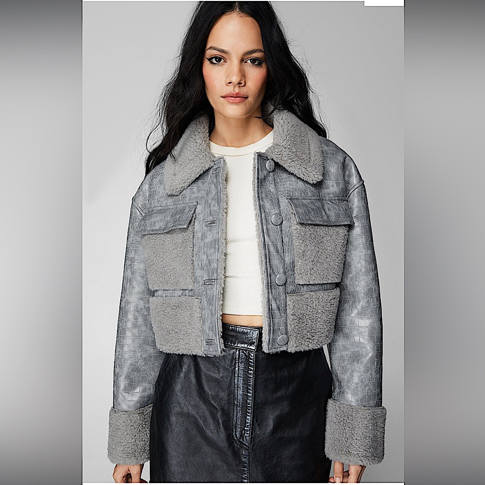 NWT Premium Croc Embossed Faux Leather Aviator Jacket